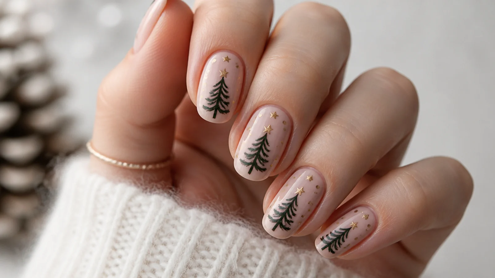 Nude nails with a hand-painted dark green Christmas tree and gold dots