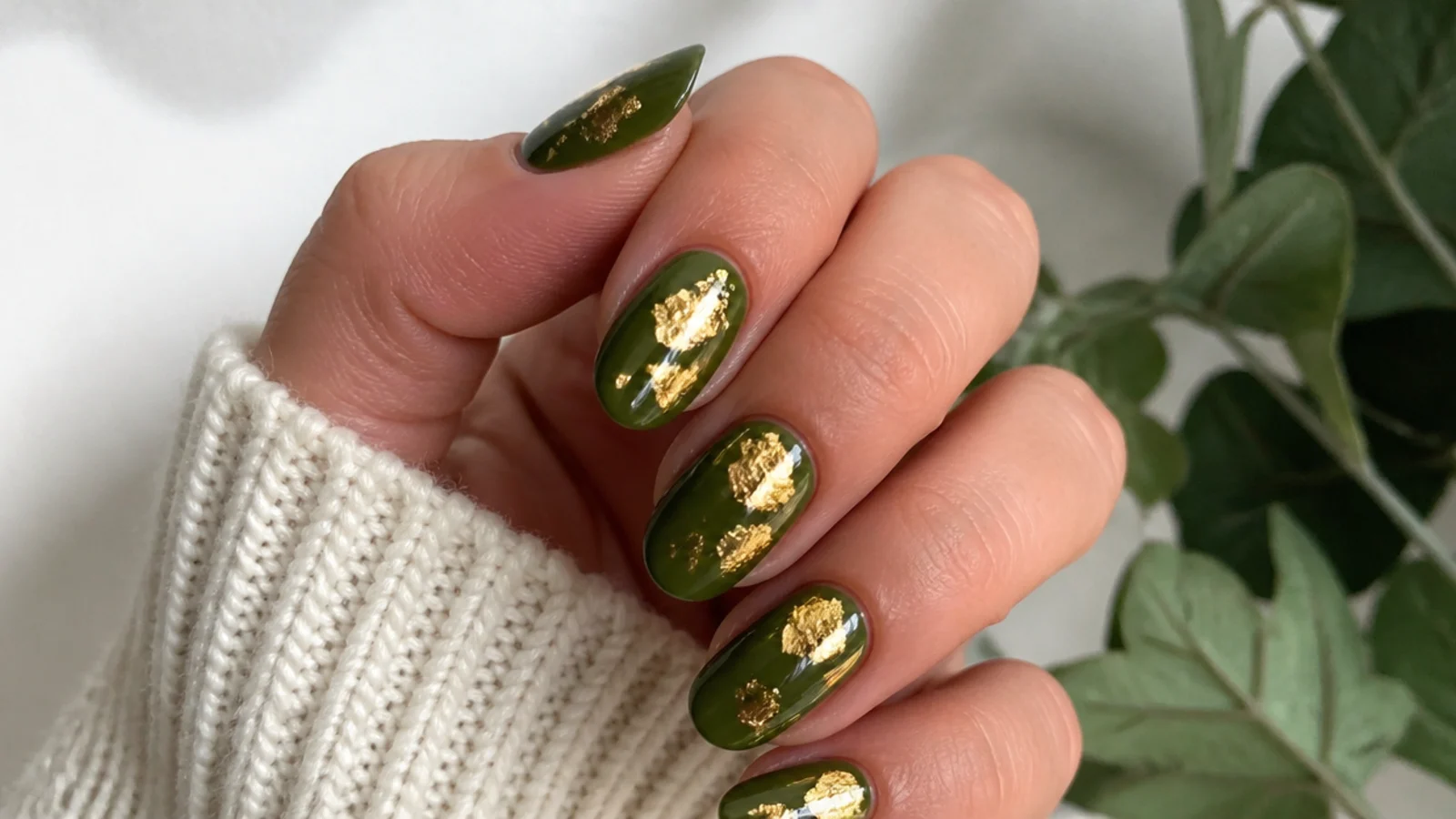 Warm olive green nails with large gold leaf flakes