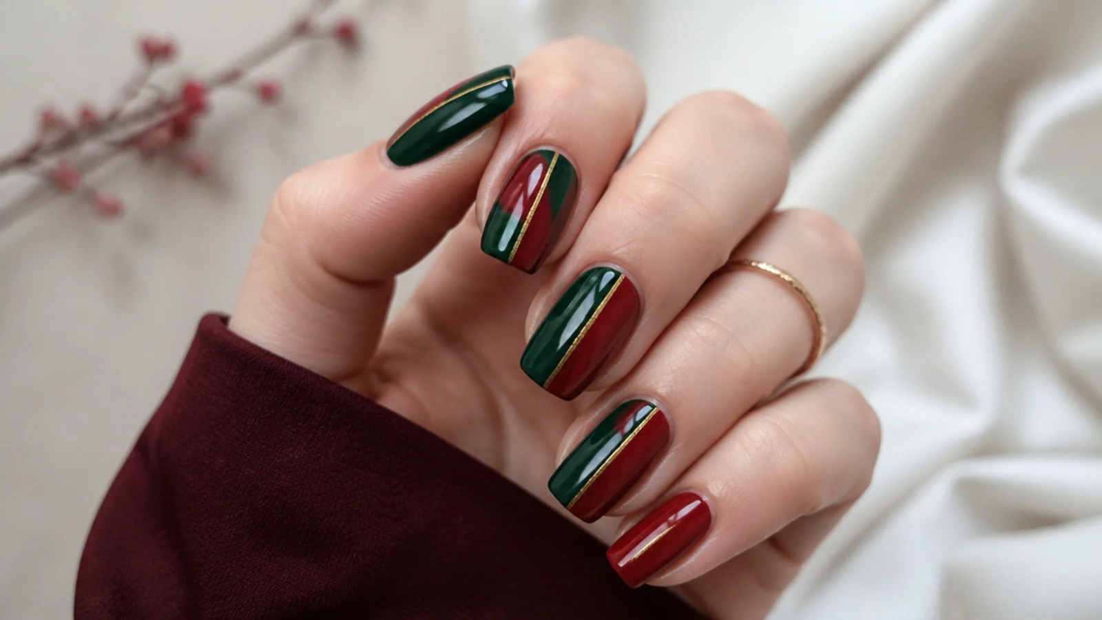 Nails color-blocked in dark green and deep red with a gold divider