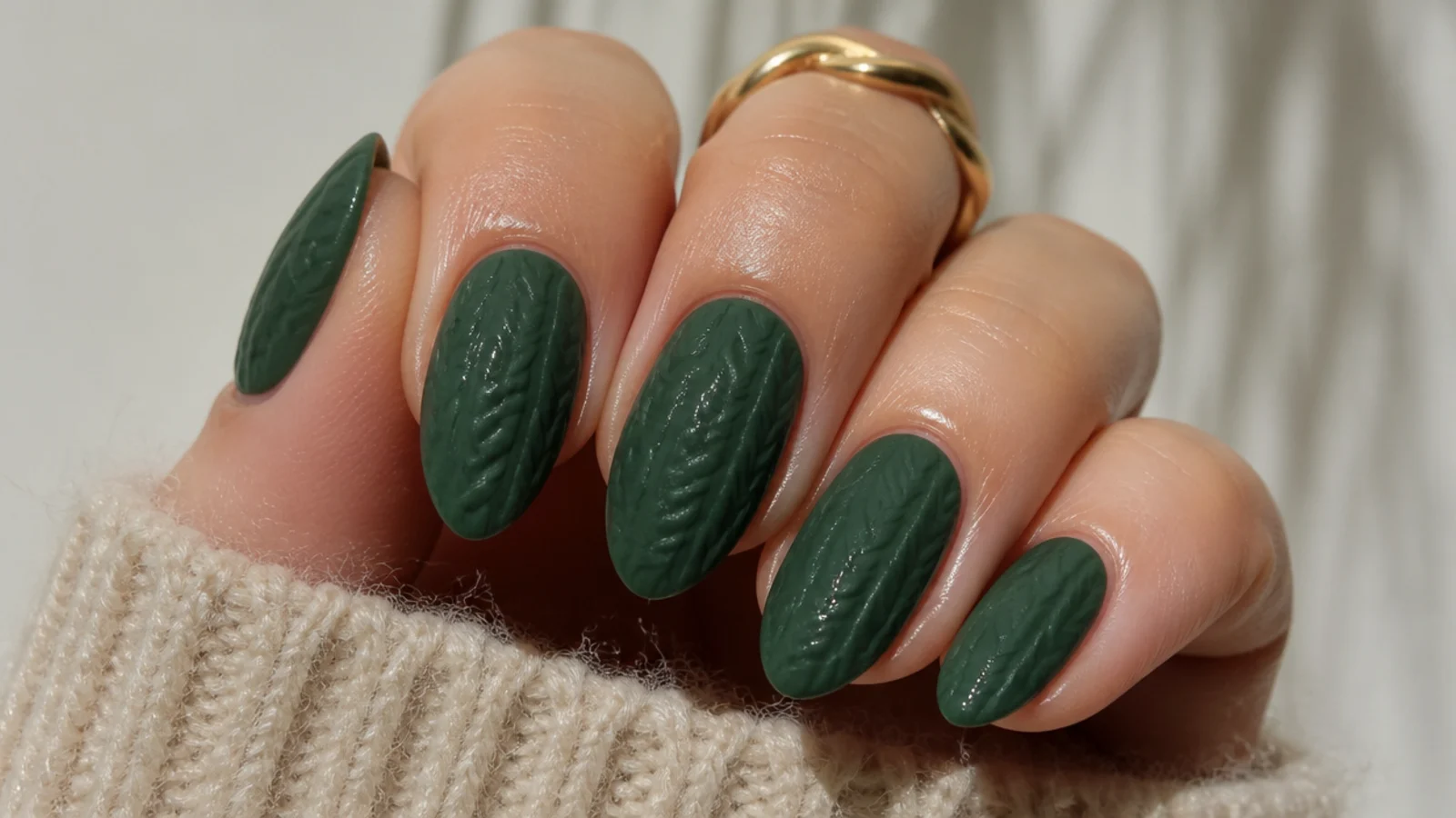 Forest green nails with a raised cable-knit sweater texture