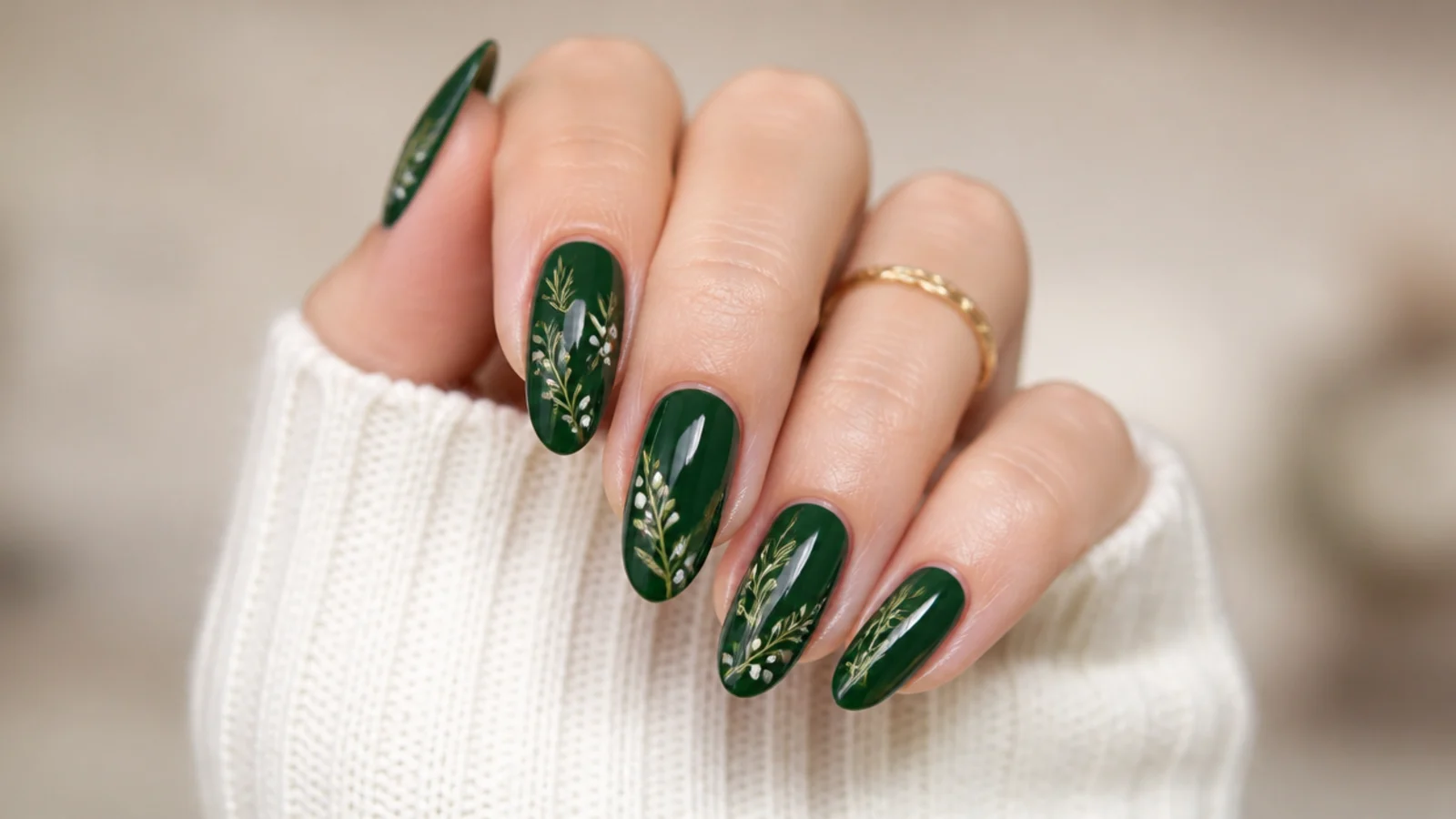 Emerald nails with delicate mistletoe sprigs and white berries