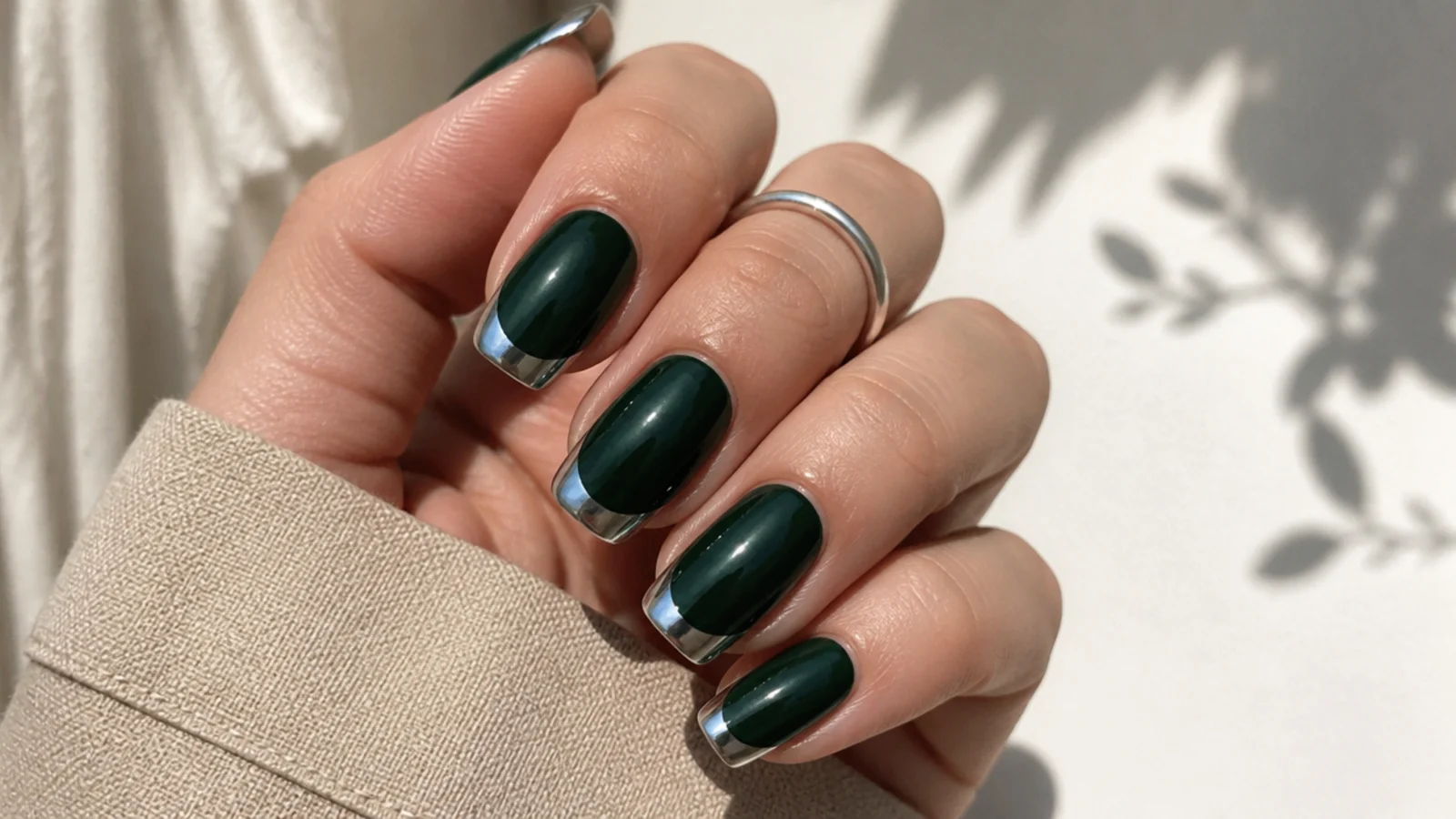 Dark green nails with mirror silver chrome french tips