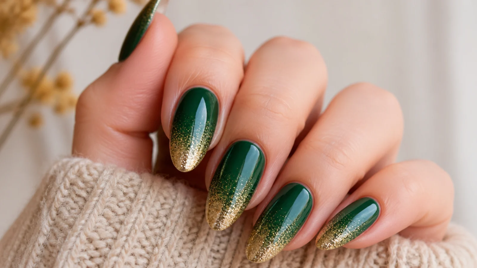 Nails fading from dark forest green at the cuticle to gold at the tips