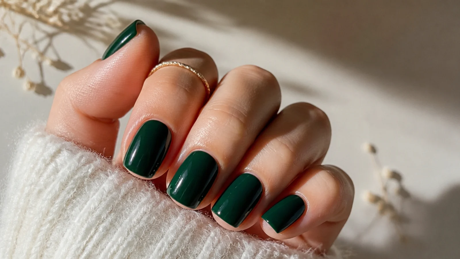 Short squoval nails in glossy solid forest green