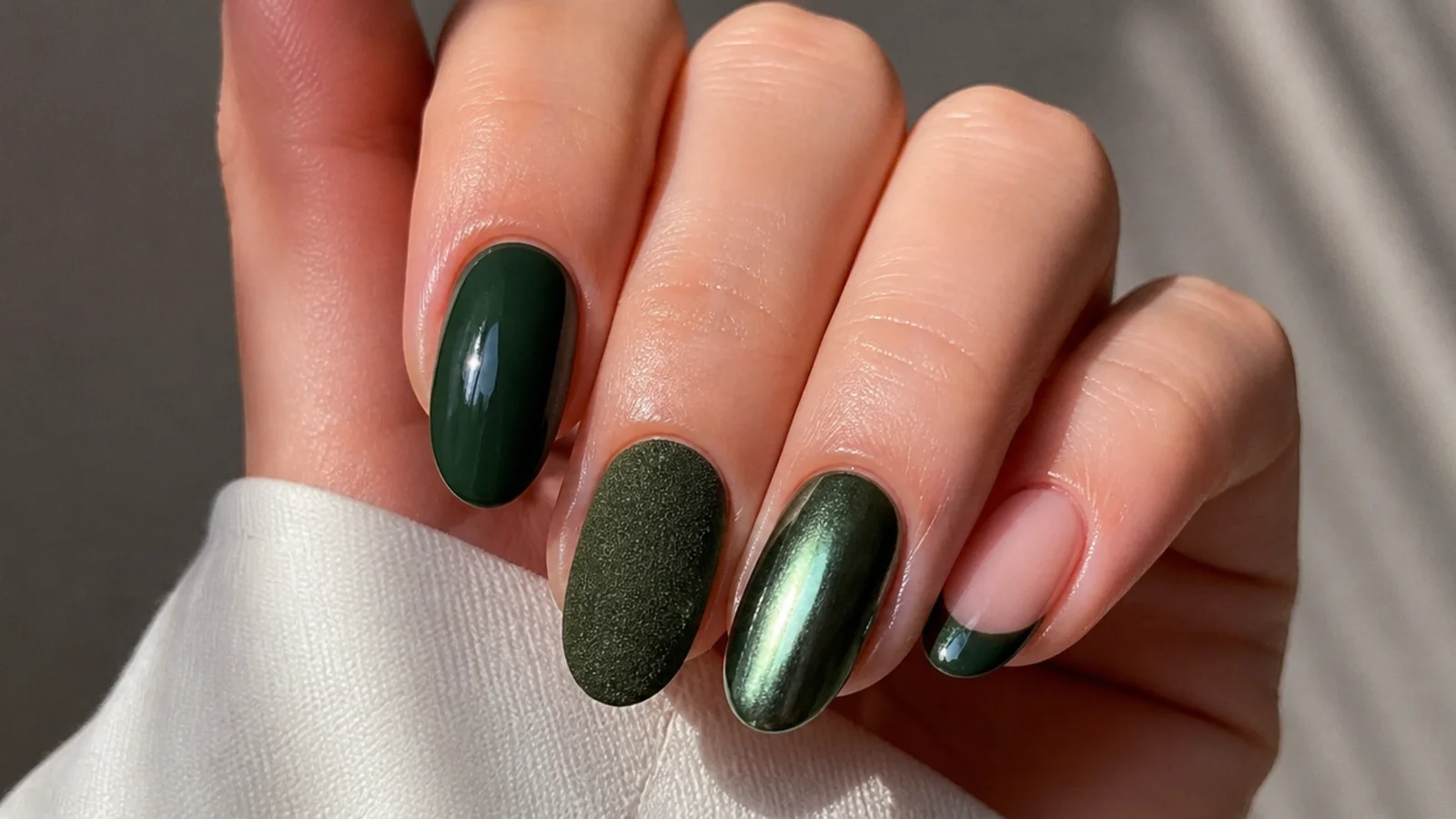 Dark green nails in glossy, velvet, chrome and french finishes