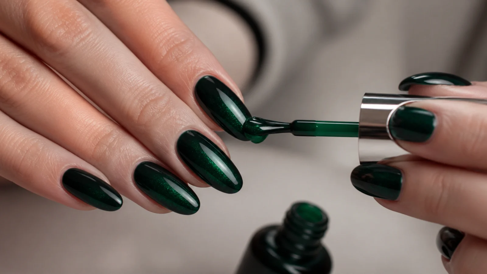 Layering emerald gel over a dark base coat to build depth