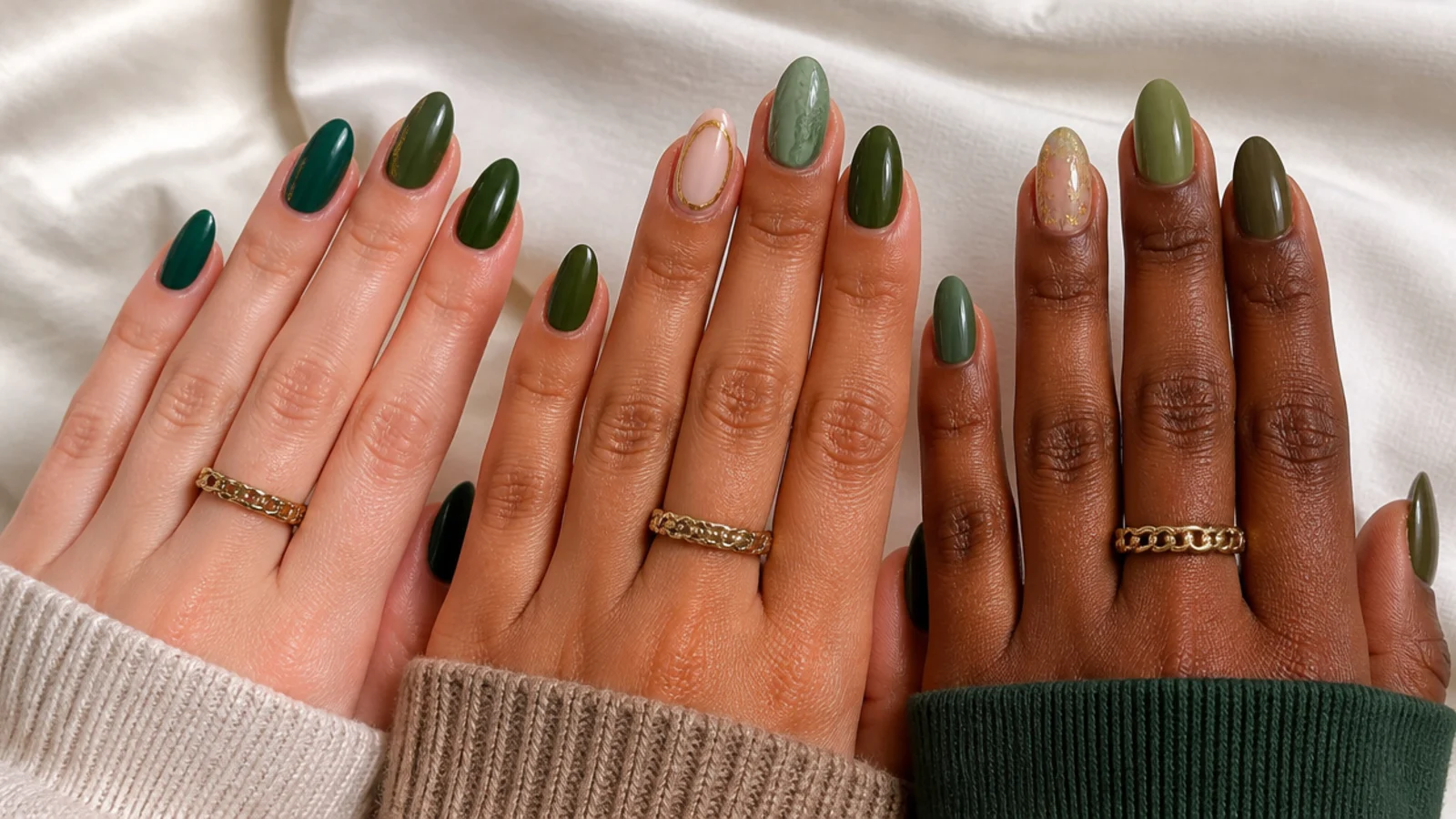 Emerald, forest and olive green swatches against different skin tones