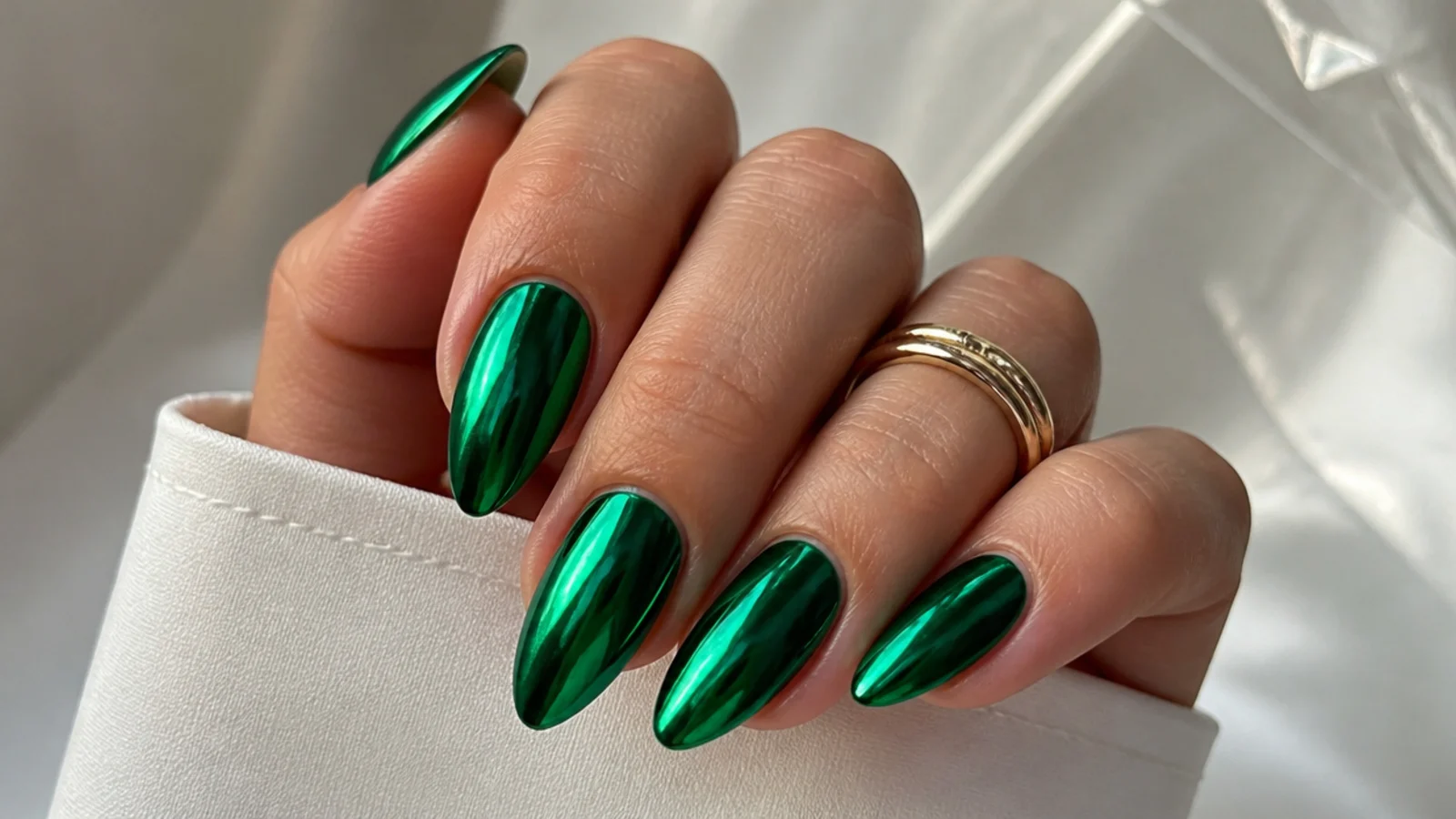 Bright emerald chrome nails with a full mirror shine on almond nails