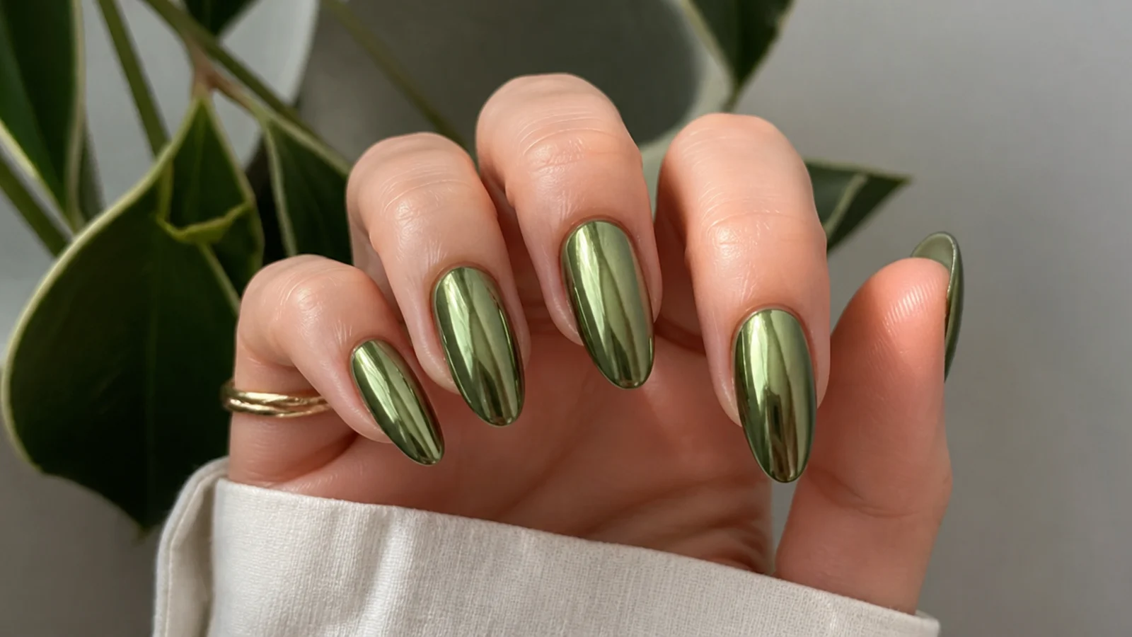 Muted forest green chrome nails with a soft metallic sheen