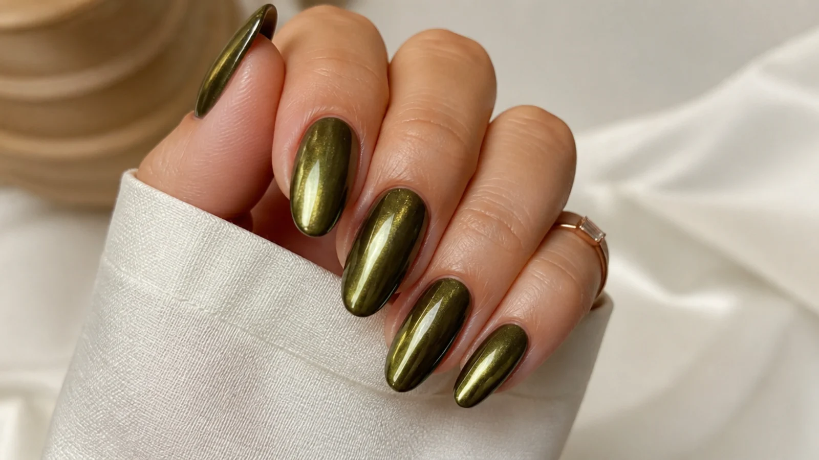 Warm olive green chrome nails with a golden metallic glow