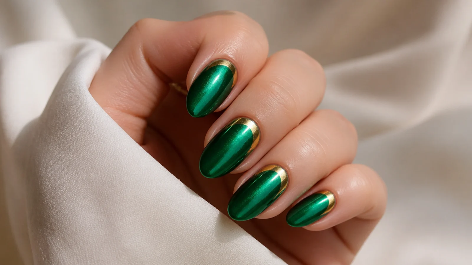 Emerald chrome nails with gold chrome half-moon accents