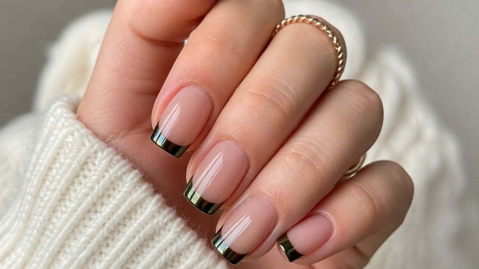 Nude nails with dark green chrome french tips on a squoval shape