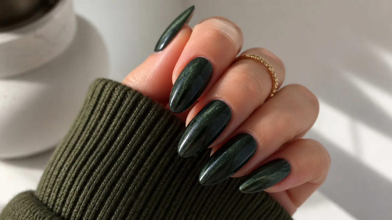 Deep pine green chrome nails on a long almond shape