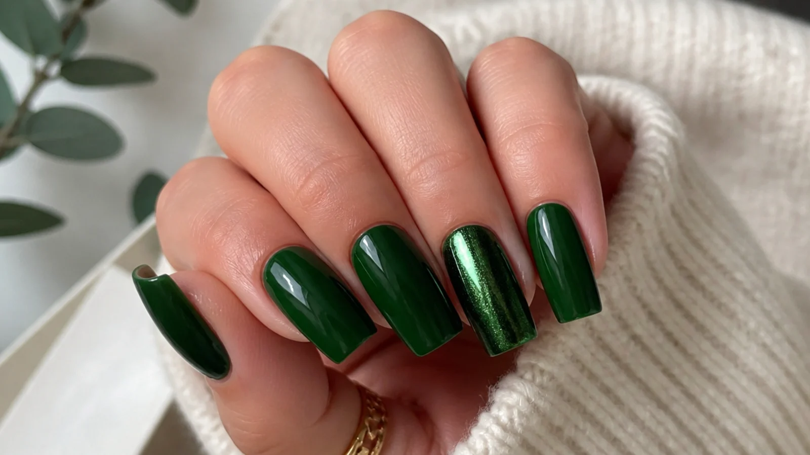Glossy dark green nails with one emerald chrome accent nail