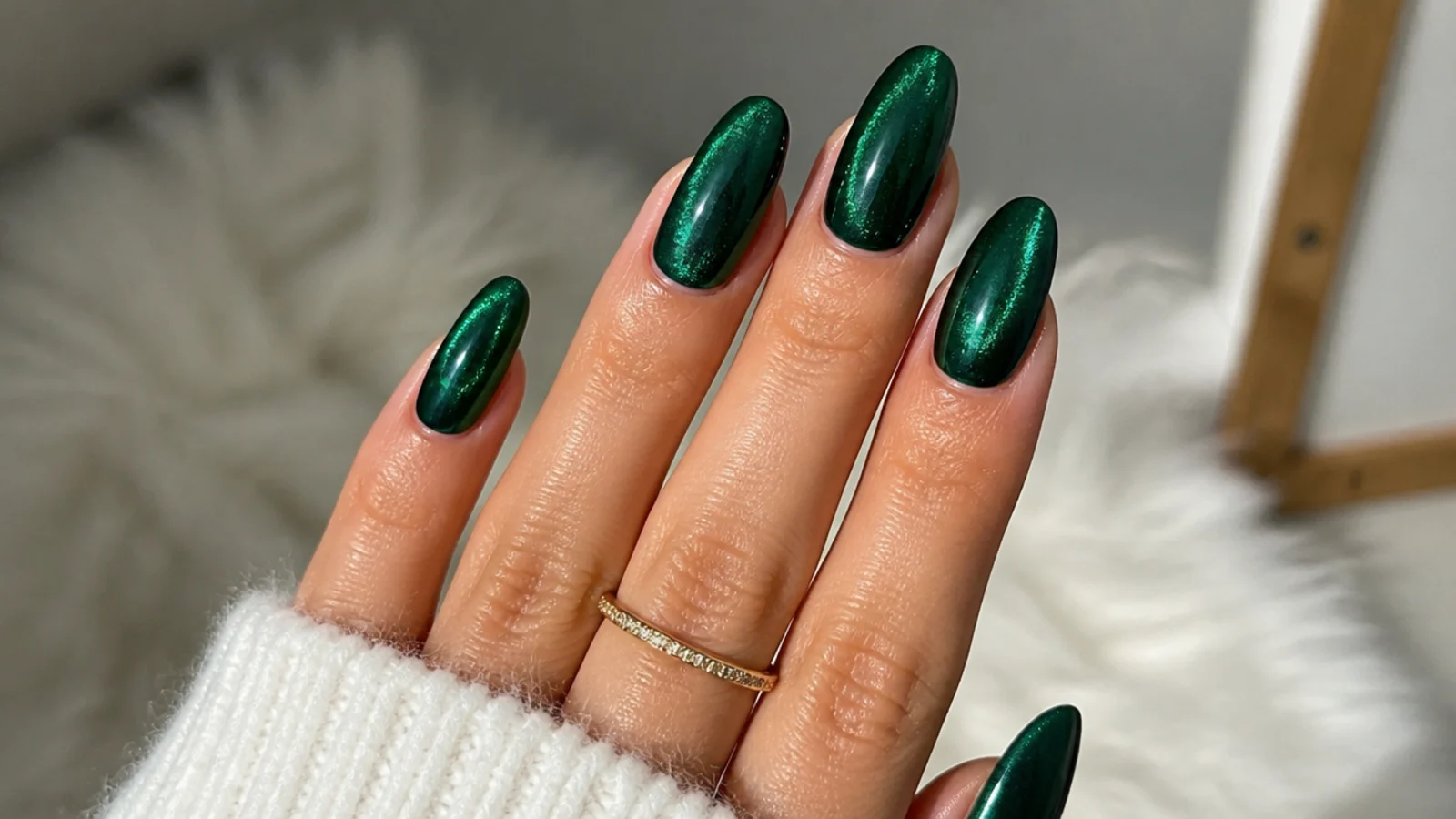 Deep emerald nails with a soft velvet cat-eye chrome sheen