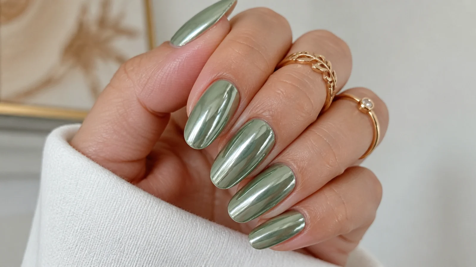 Muted sage-leaning green chrome nails with a soft metallic finish