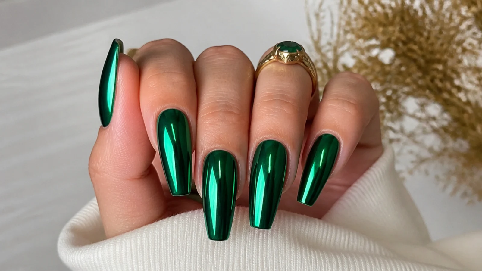 Long emerald chrome nails on a coffin shape with a full mirror shine