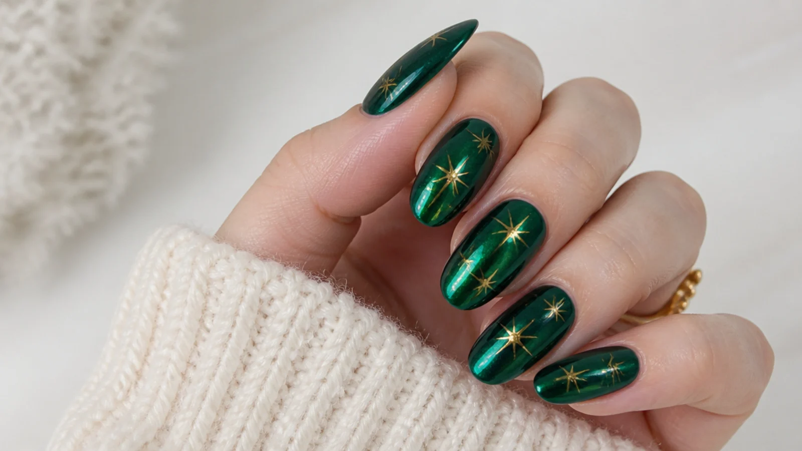 Emerald chrome nails with gold star accents for the holidays