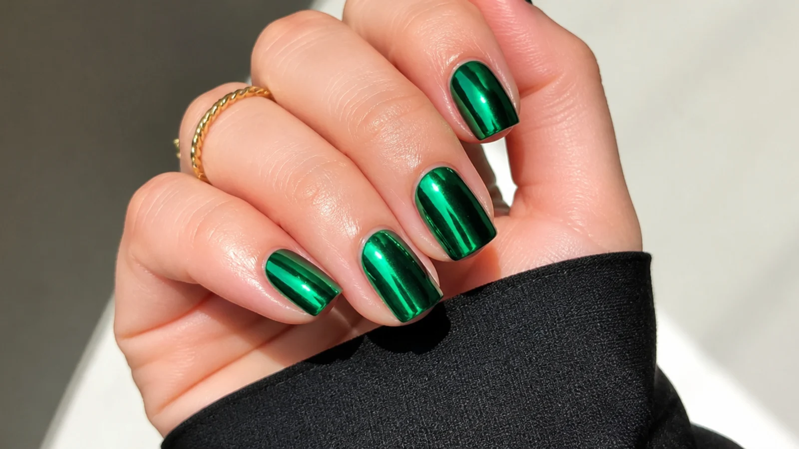 Short squoval nails in emerald chrome with a full mirror shine