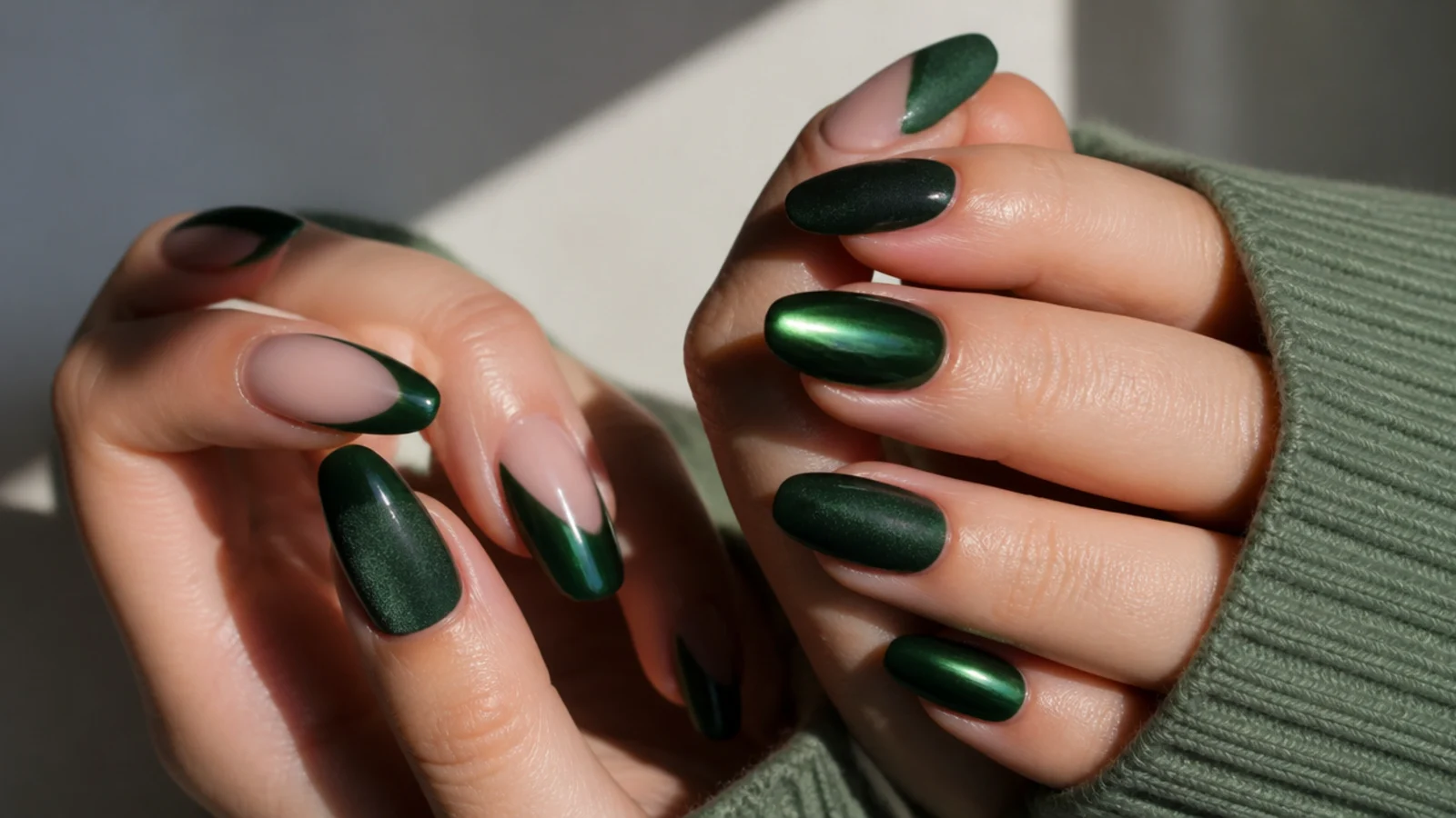 Dark green nails shown in chrome, glossy, velvet and french finishes across shapes