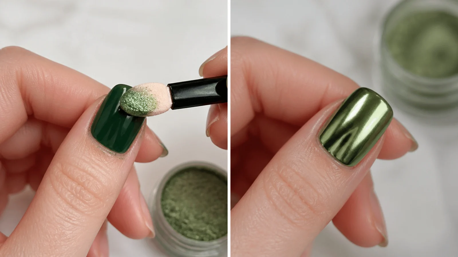 Layering a dark green gel base before buffing chrome powder for a mirror finish