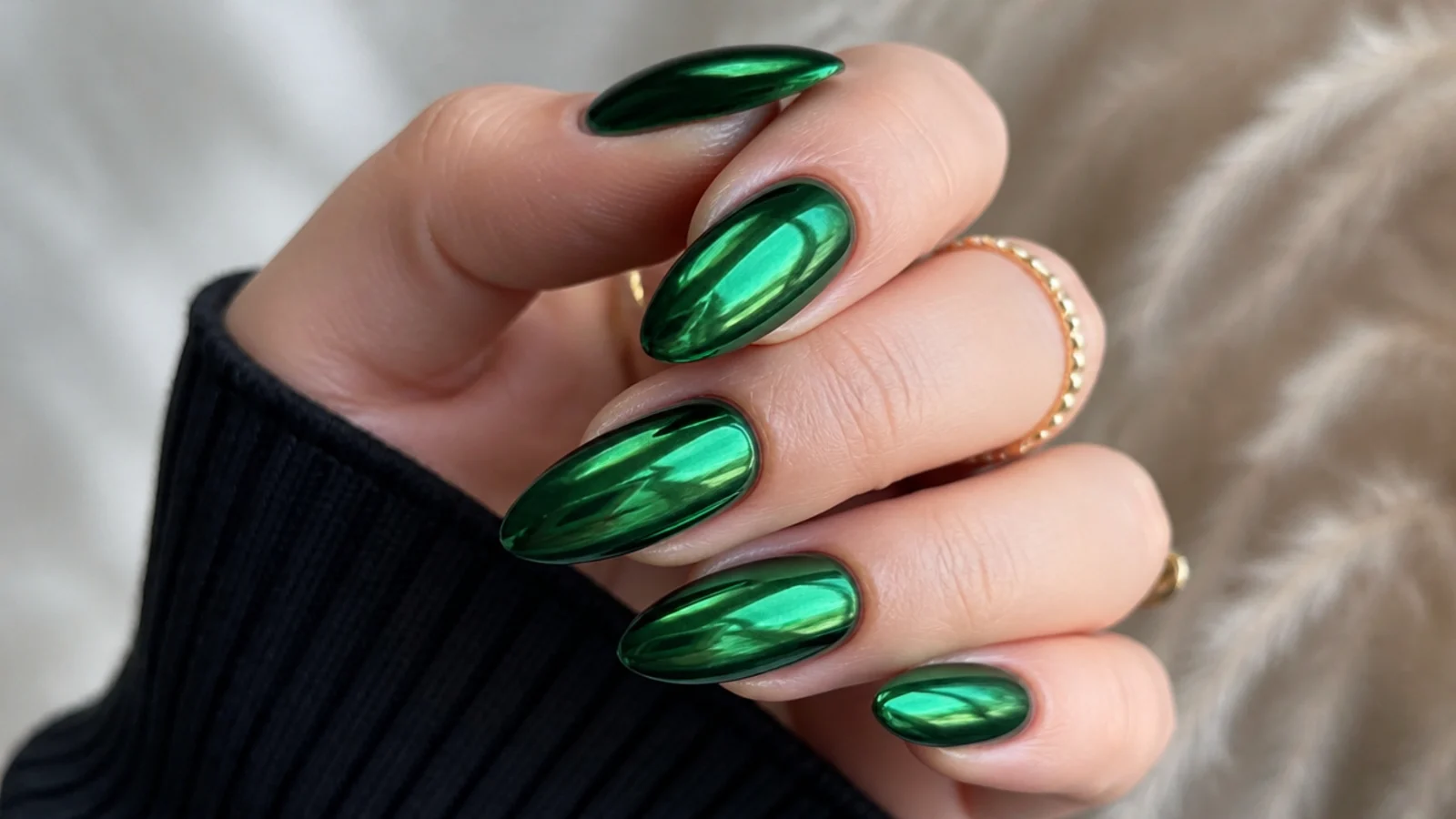 Deep emerald chrome nails with a mirror shine on an almond shape