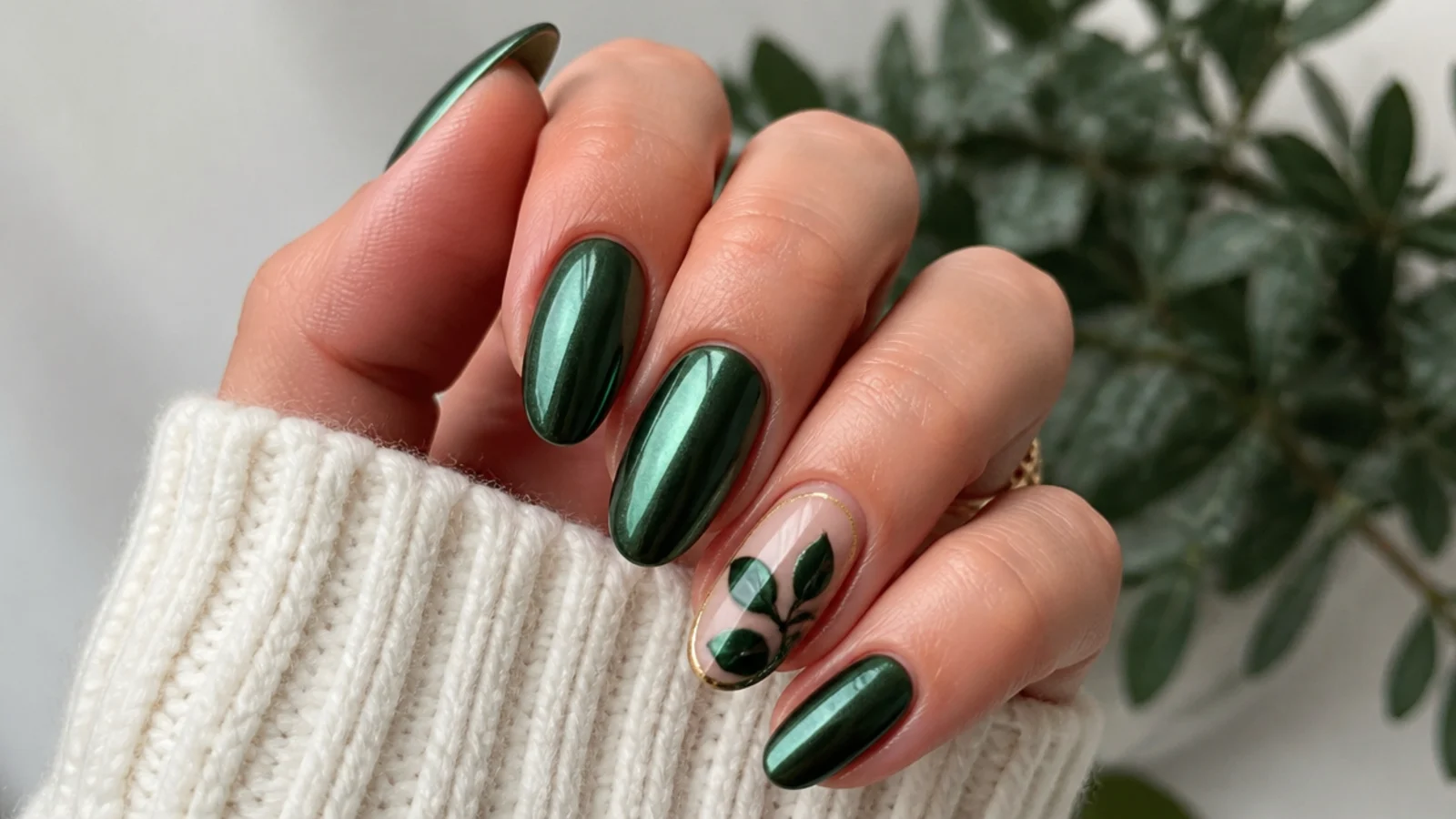 Dark green chrome nails styled for fall, winter and holiday occasions