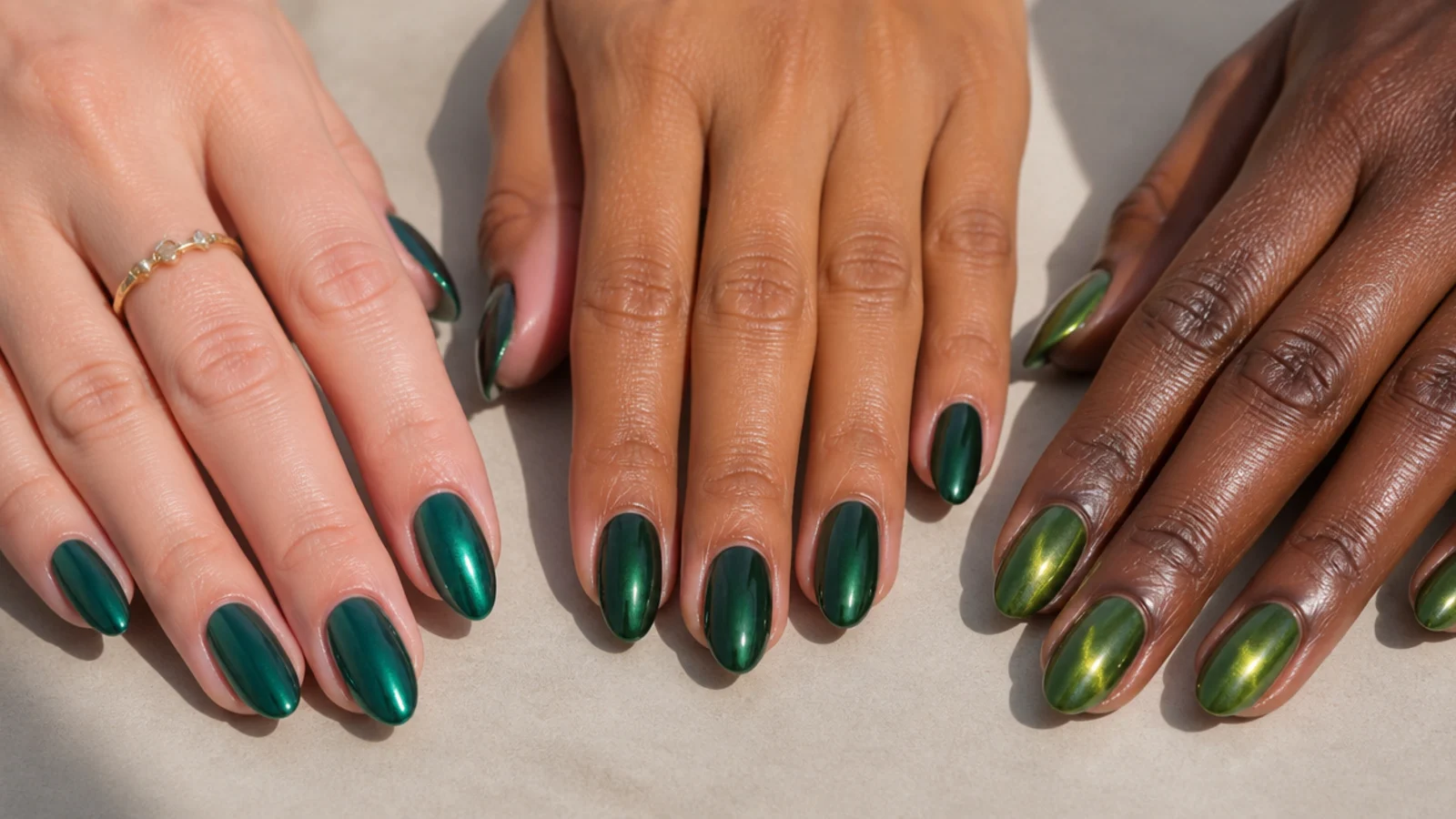 Dark green chrome swatches from emerald to forest to olive on different skin tones