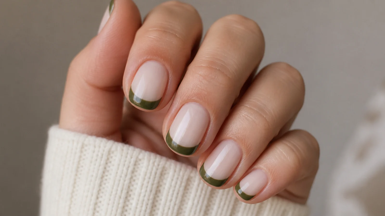 Muted forest green french tip nails on a milky base on short nails