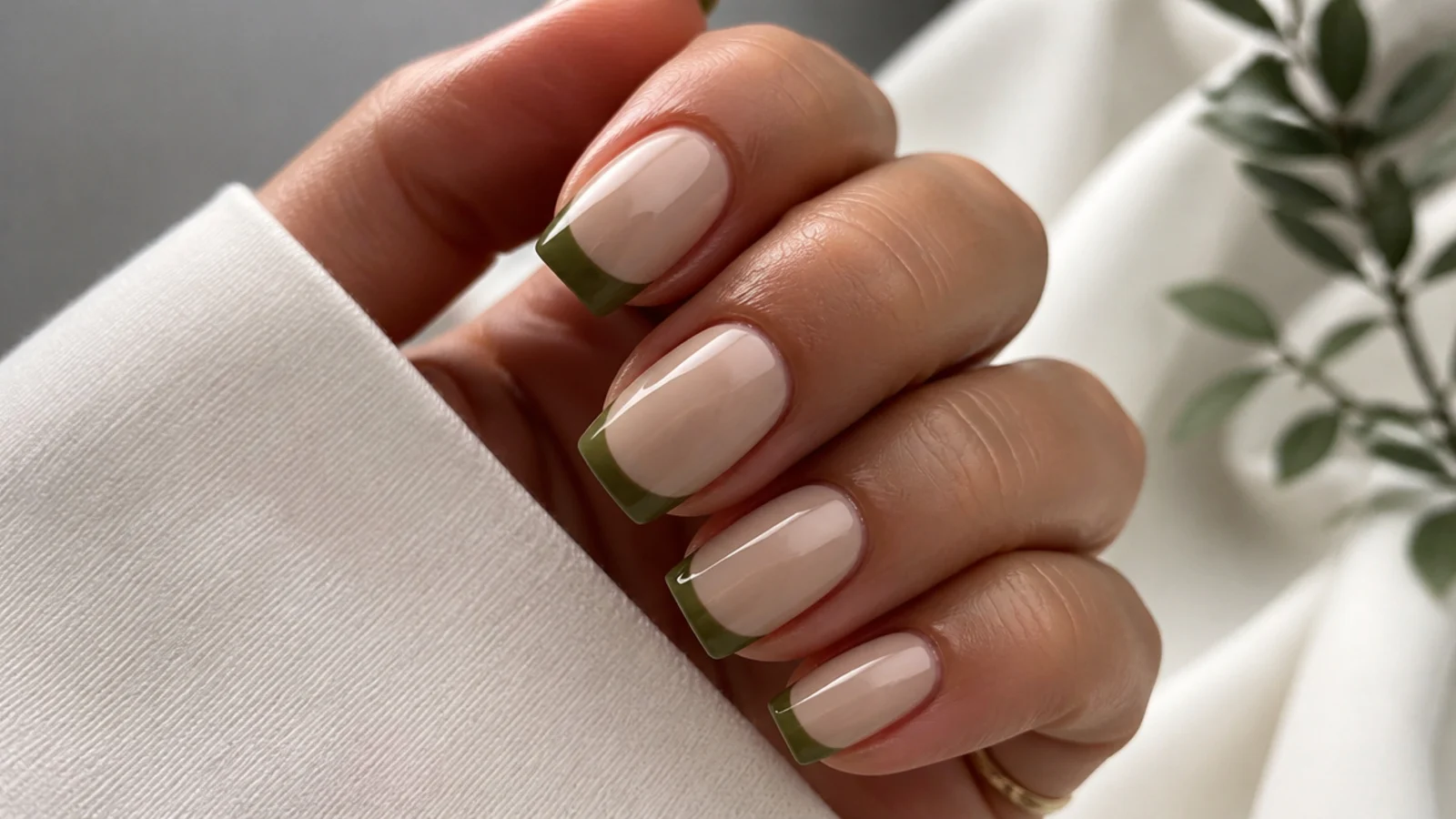 Warm olive green french tip nails over a beige base on squoval nails