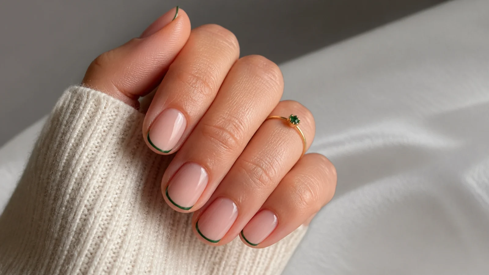 Very thin micro emerald green french tip on short natural nails