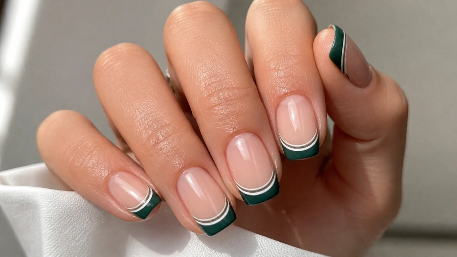 Forest green tip paired with a thin white line double french on nude nails