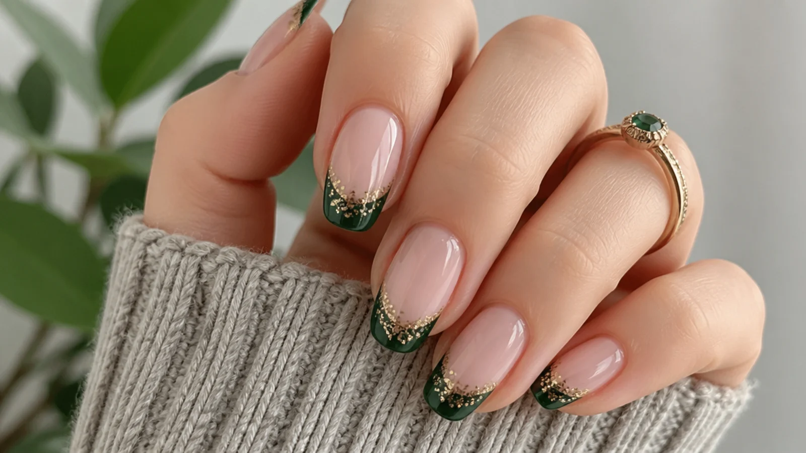 Forest green french tips with gold glitter accents for the holidays on nude nails