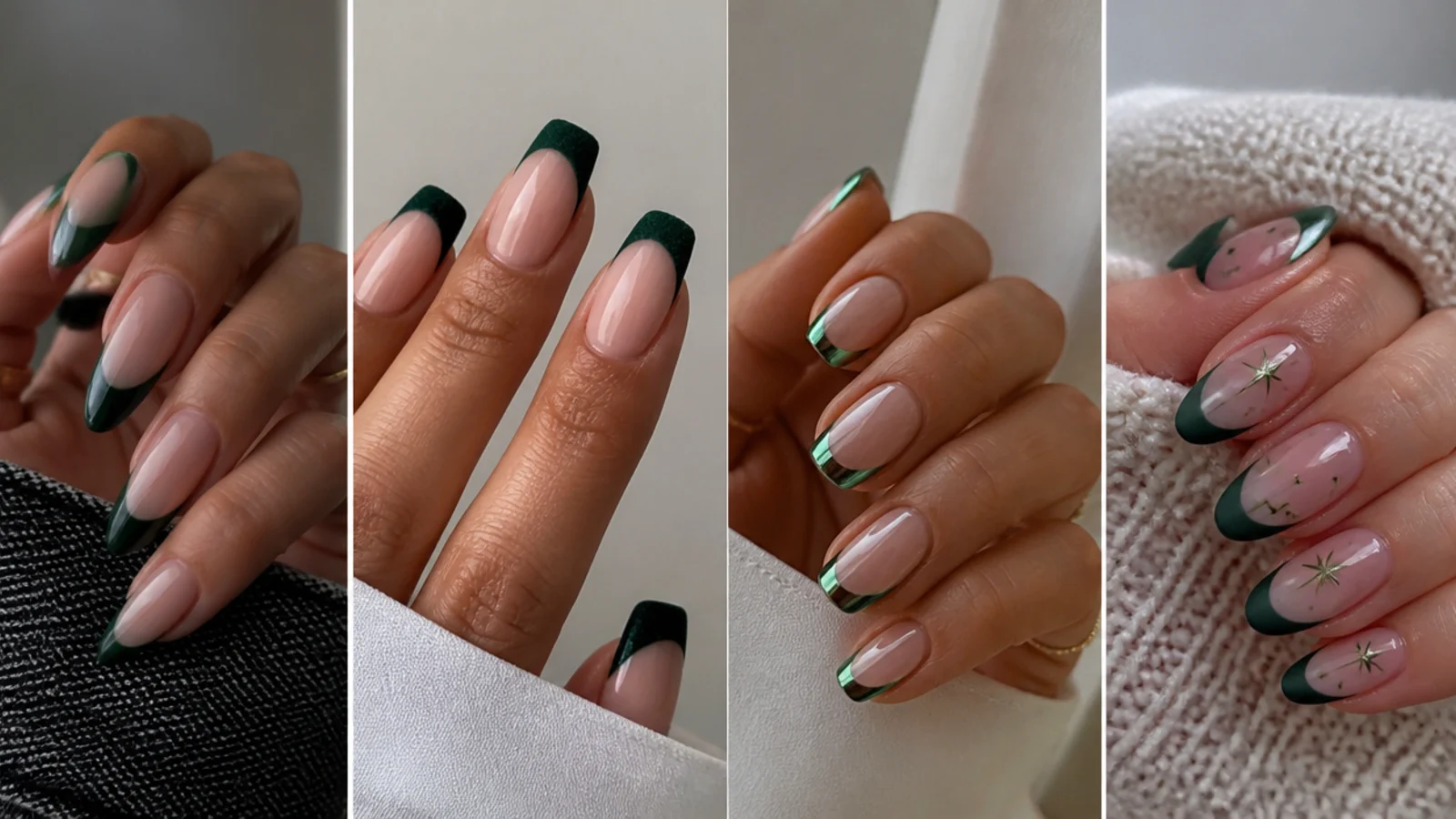 Dark green french tips in glossy, velvet, chrome and matte finishes on different nail shapes