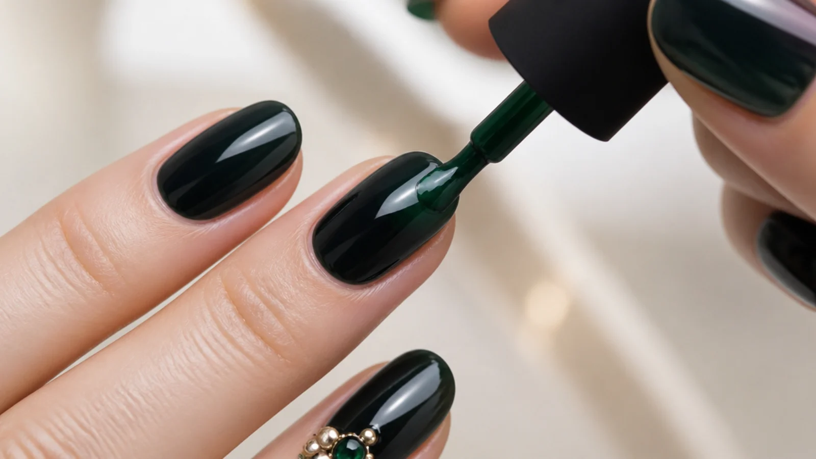 Layering emerald gel over a dark base to build a saturated dark green tip