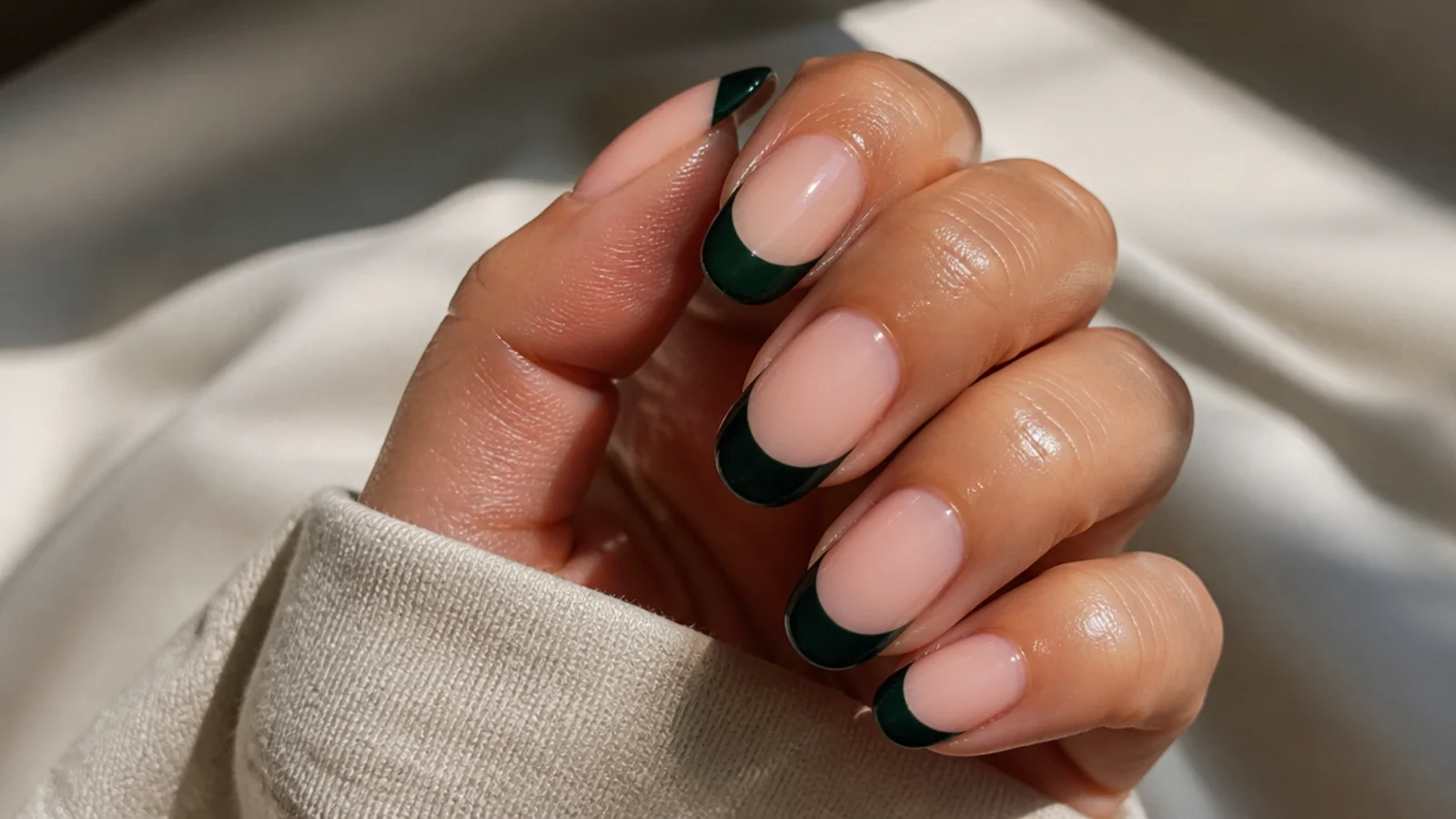 A well-sealed dark green french manicure with cuticle oil for longevity
