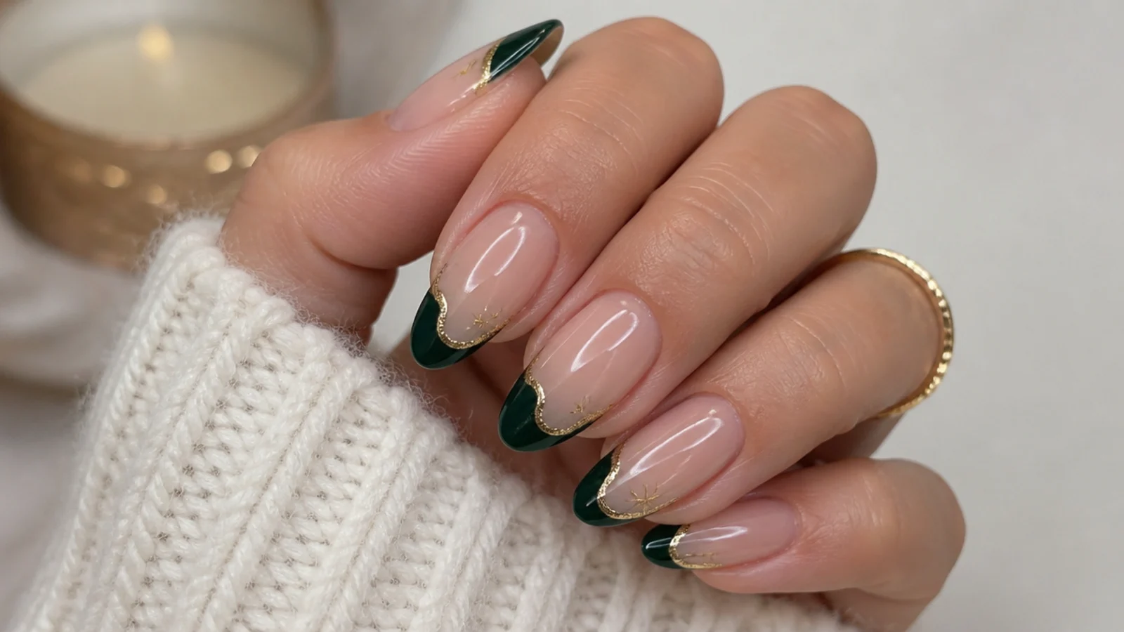 Festive emerald and gold french tips styled for the holidays on nude nails