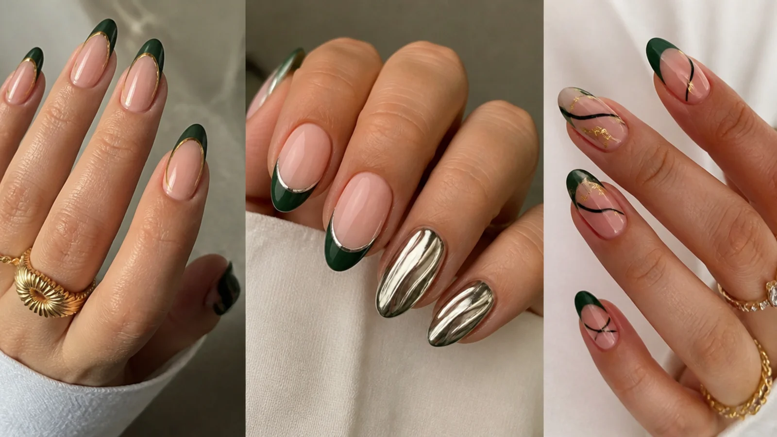 Dark green french tips shown with gold, silver chrome, black and nude accent pairings