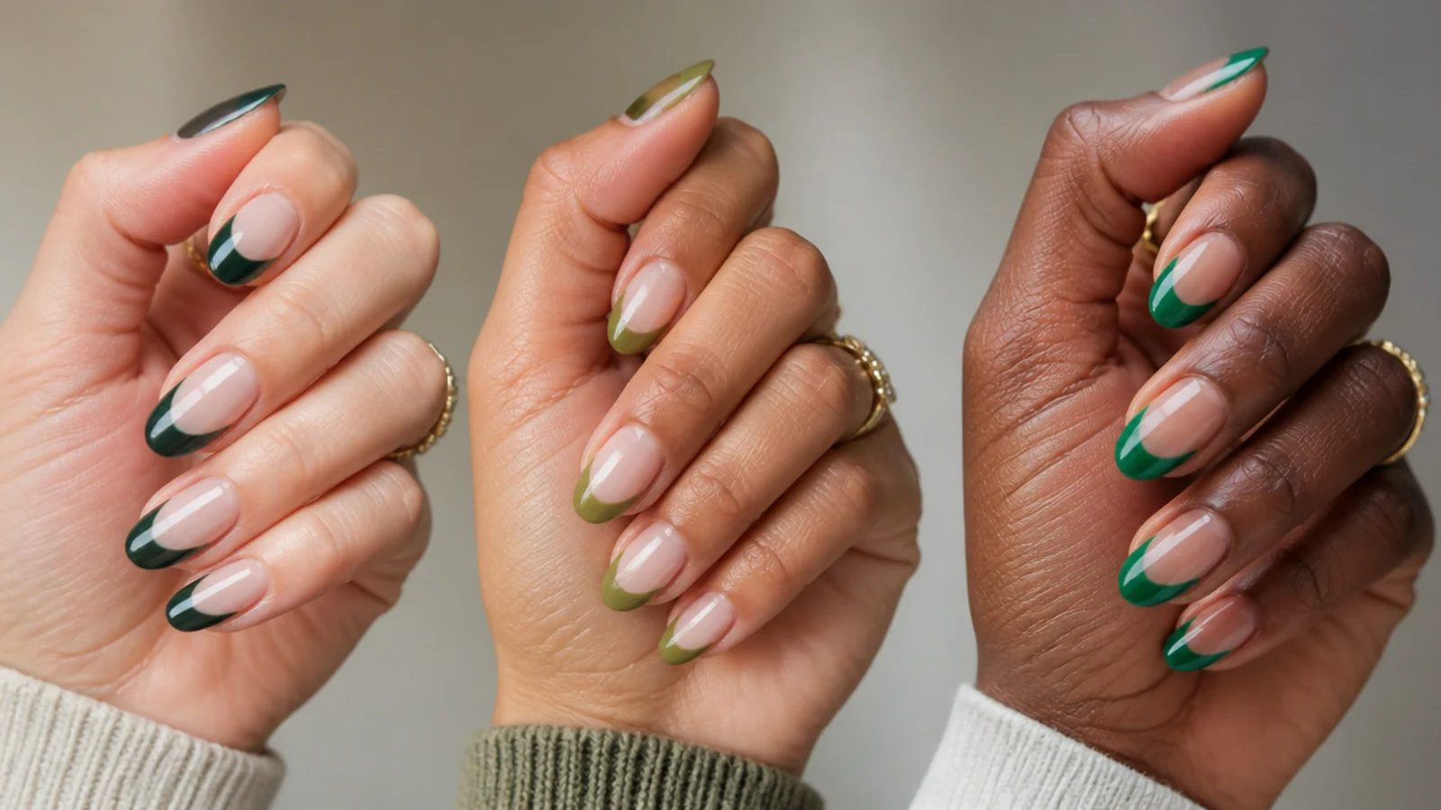 Emerald, forest and olive green french tip swatches shown against different skin tones