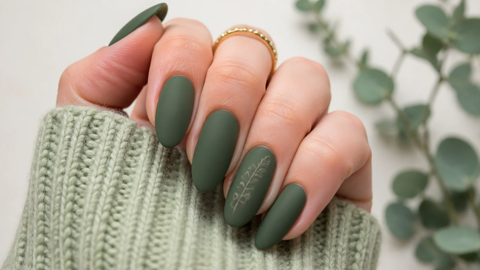 Muted forest green nails with a soft velvet matte finish