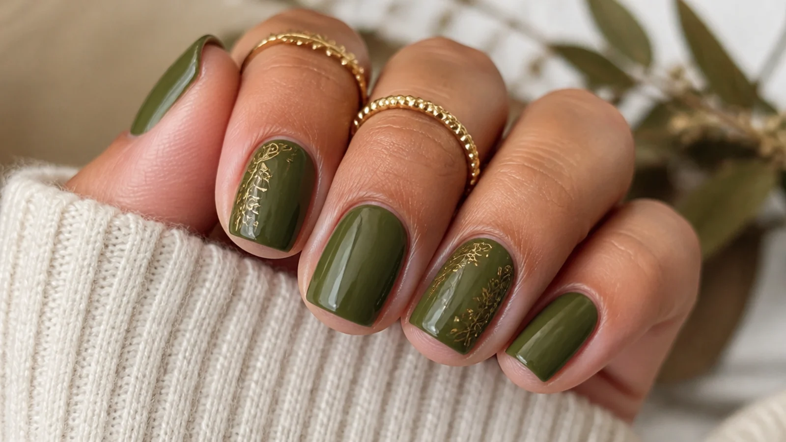 Warm olive green glossy nails on a tan hand, short squoval shape