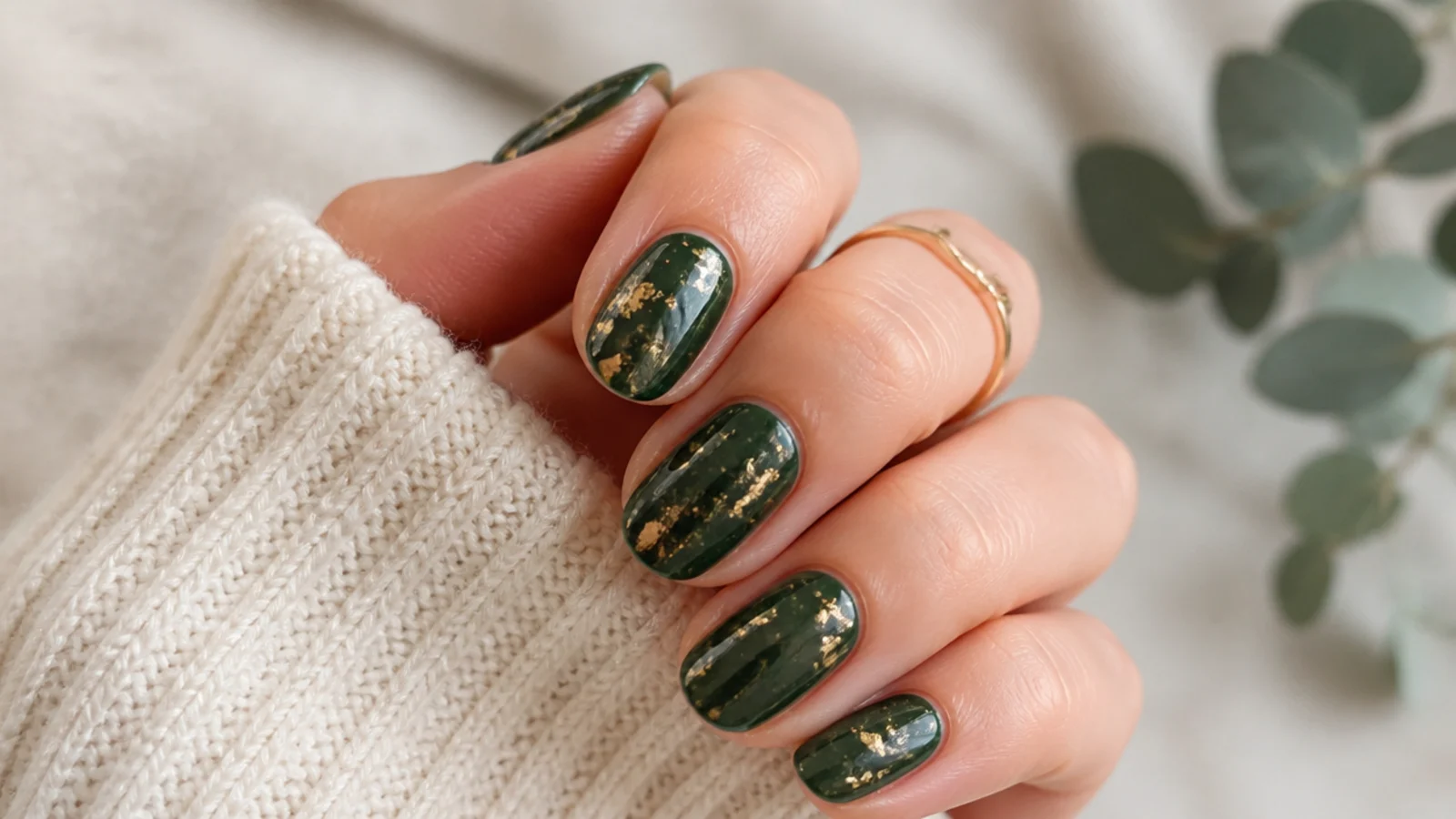 Forest green nails scattered with gold leaf flakes