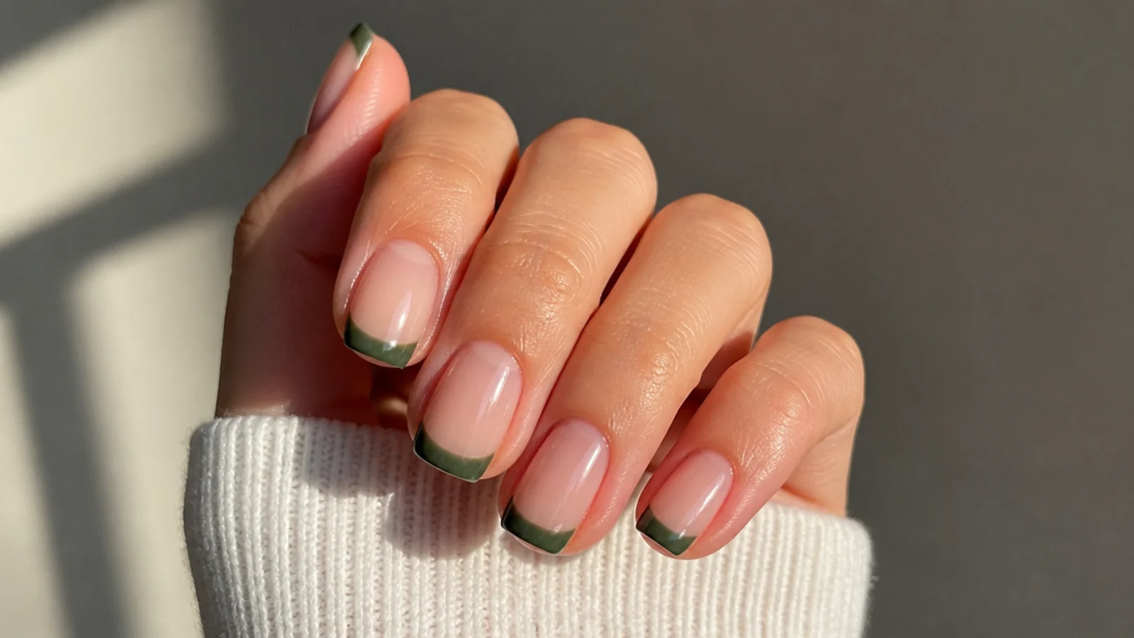 Sheer nails with muted forest green french tips on a squoval shape