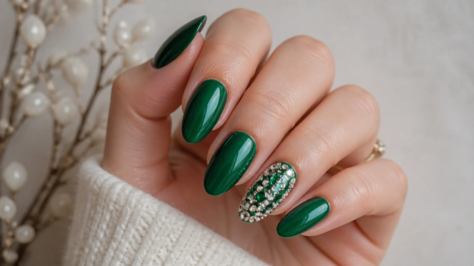Glossy emerald nails with one rhinestone-cluster accent nail