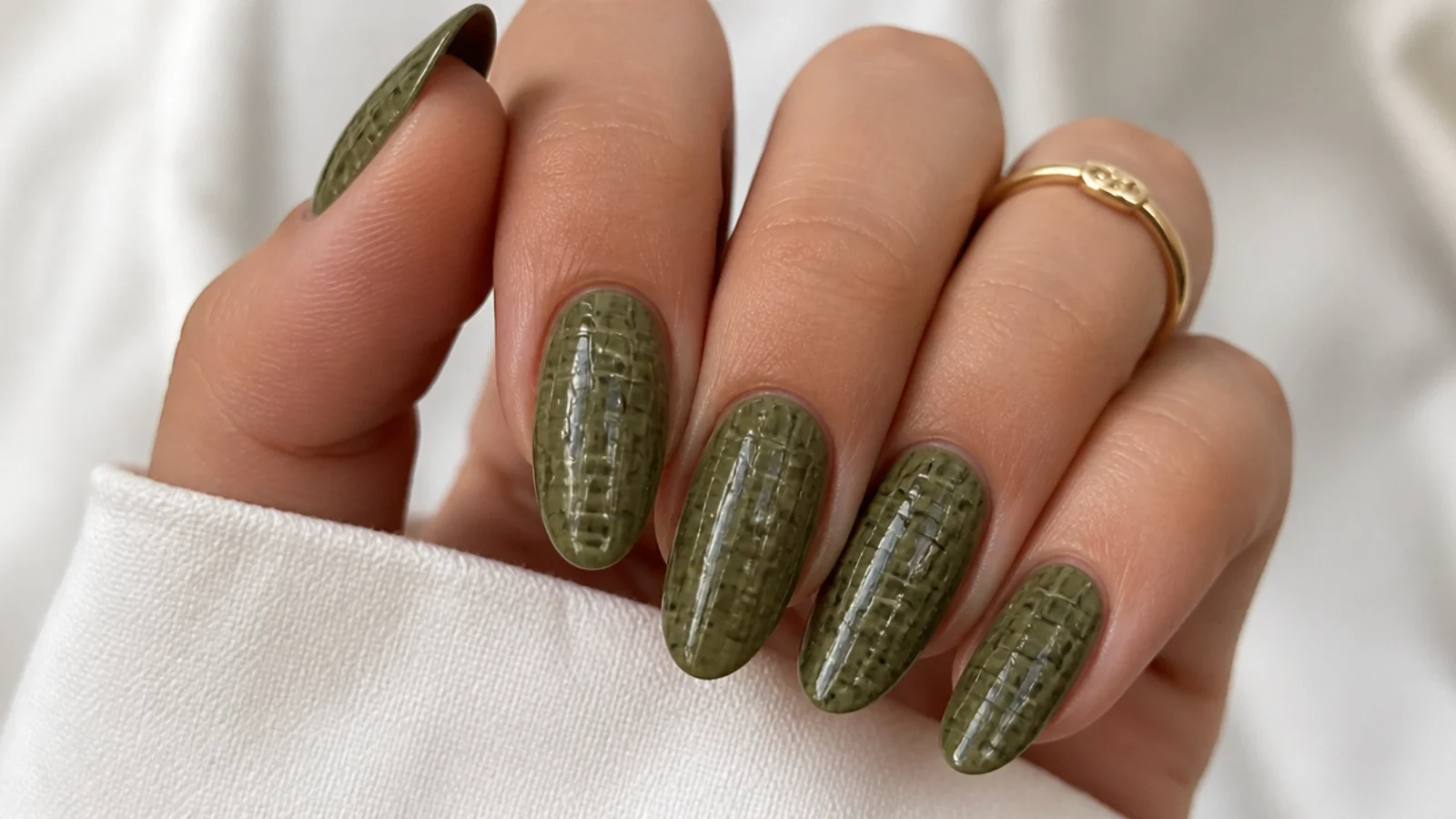Warm olive green nails with an embossed crocodile-skin texture