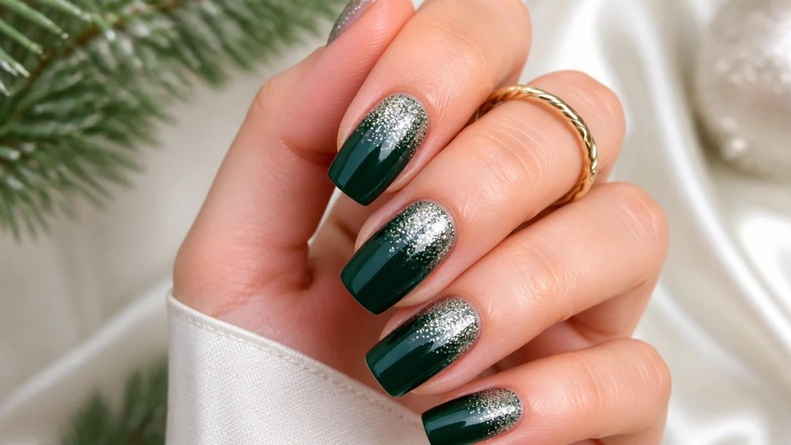 Dark forest green nails with a silver glitter gradient at the cuticle
