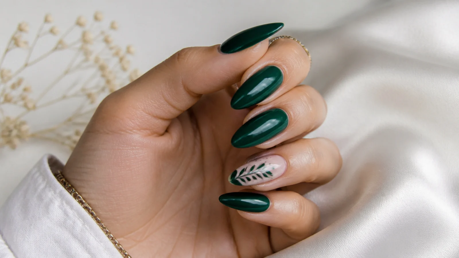 Long glossy emerald green nails on an elegant almond shape