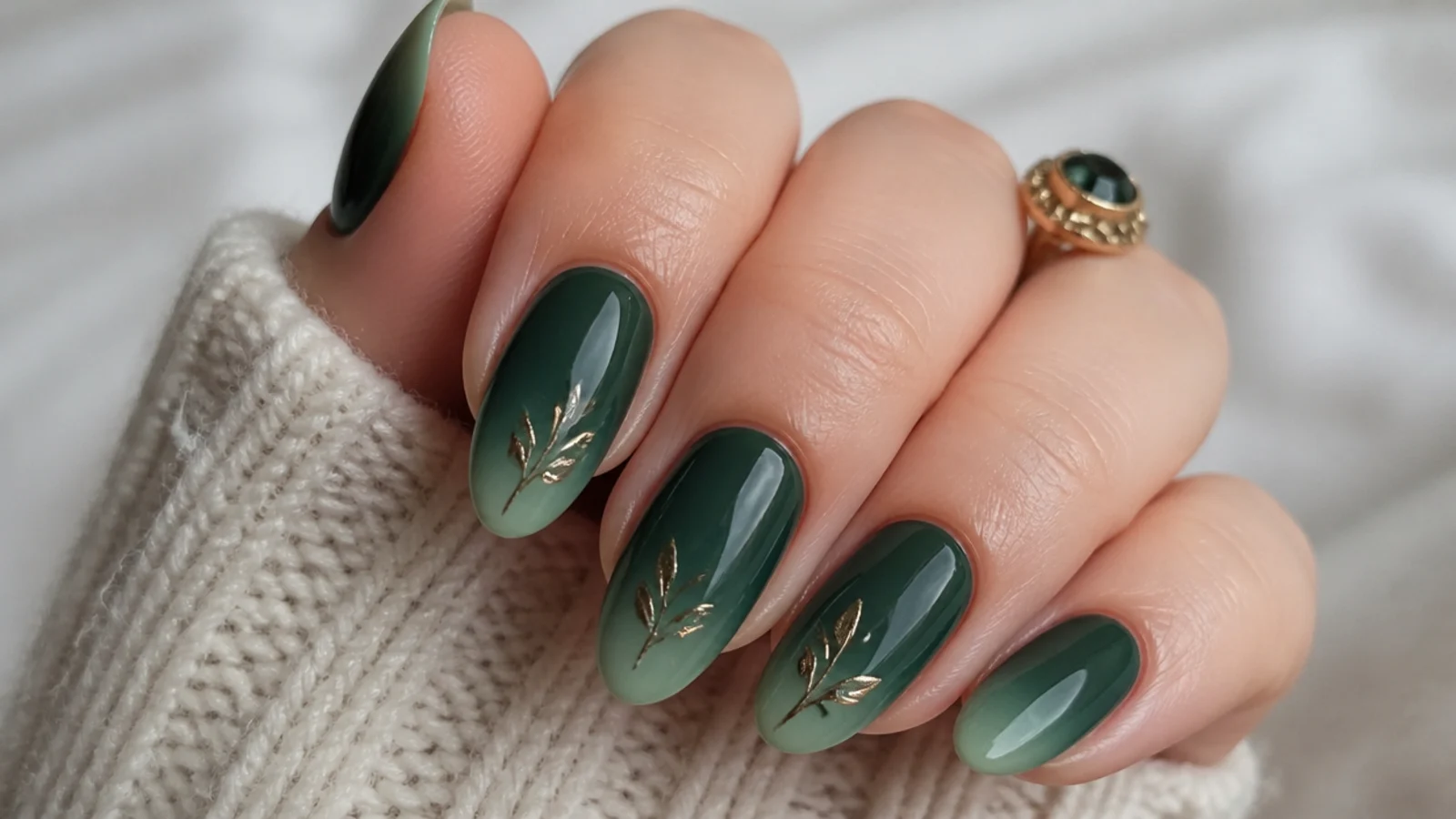 Dark green nails with soft sage-green ombre tips