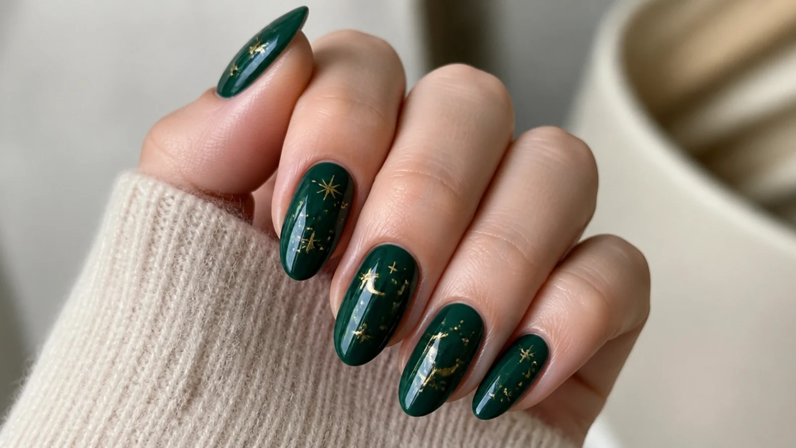 Deep emerald nails with tiny gold star and celestial accents