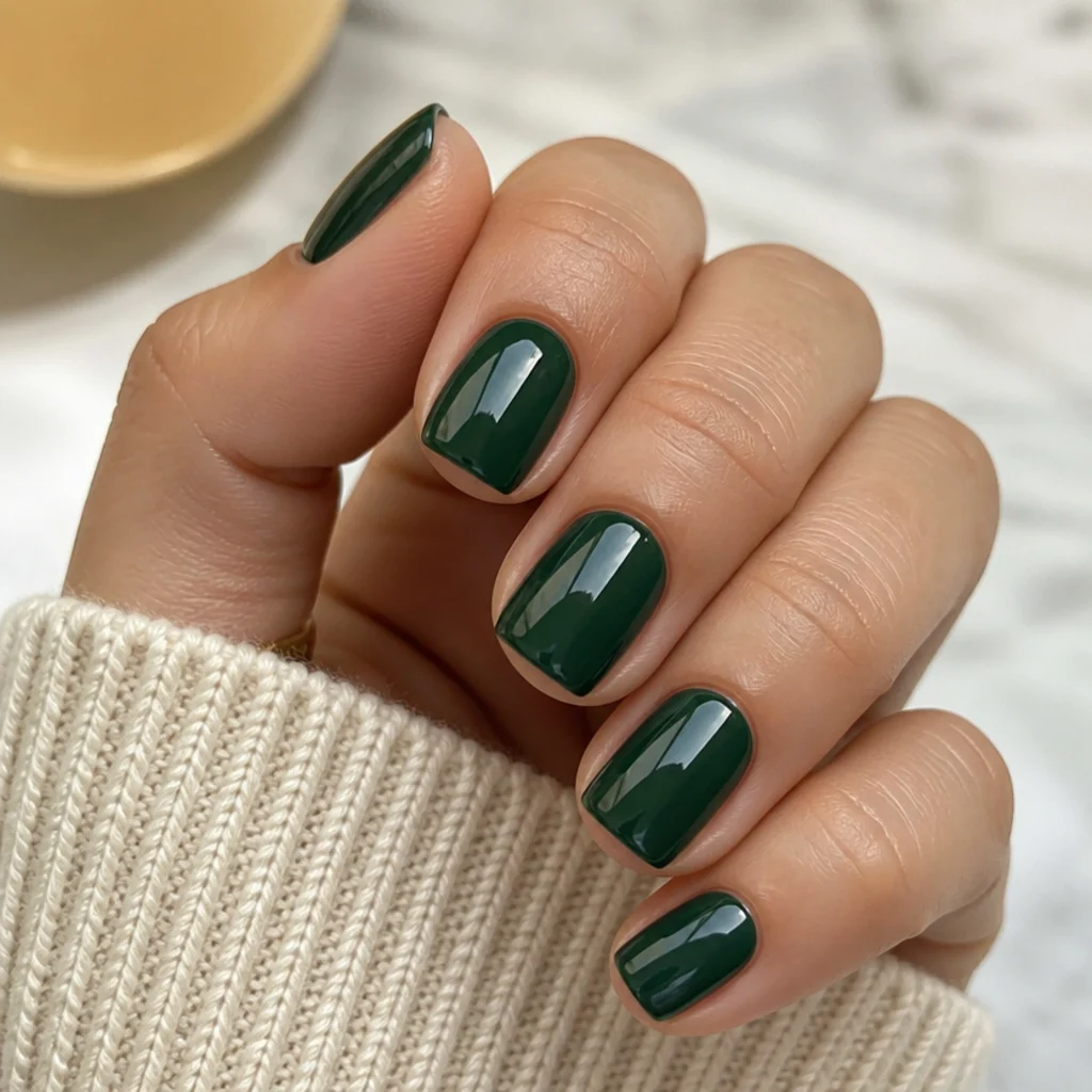 Short square nails in glossy dark green on a neutral hand